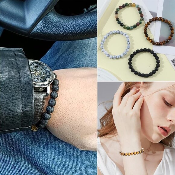 12Pcs Gemstone Beaded Stretch Bracelets Set Unisex Crystal Stone Jewelry - Picture 3 of 7